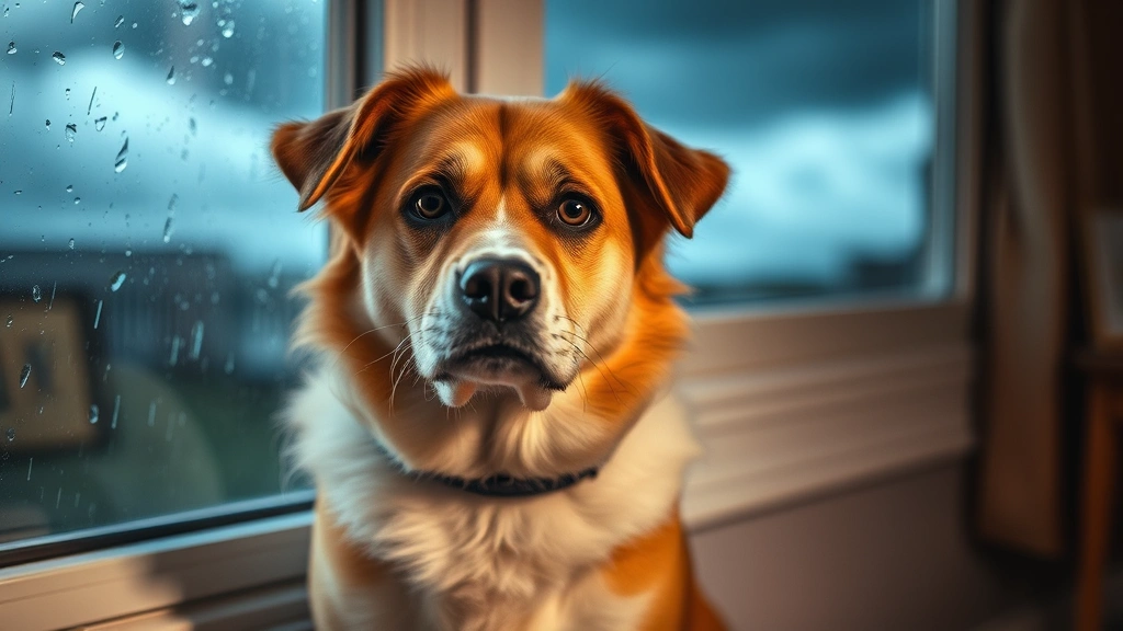 Anxious dog looking worried during a thunderstorm, sitting by a window with rain visible outside, showing signs of stress and fear