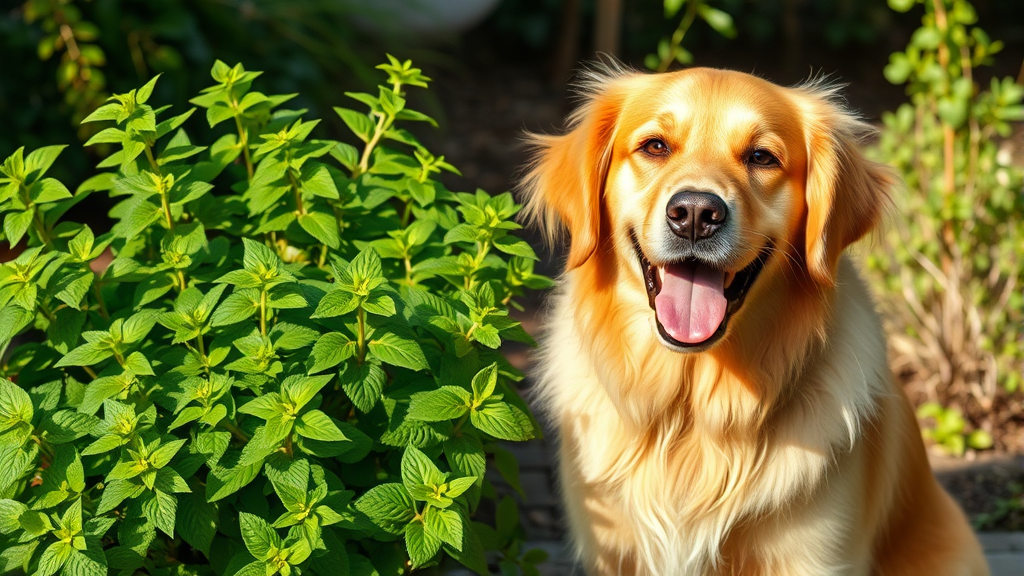 Happy golden retriever dog sitting next to fresh green mint plant in garden setting, natural lighting, no text no words no letters