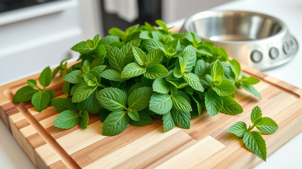 Fresh spearmint leaves arranged on wooden cutting board with dog bowl nearby, clean kitchen background, no text no words no letters
