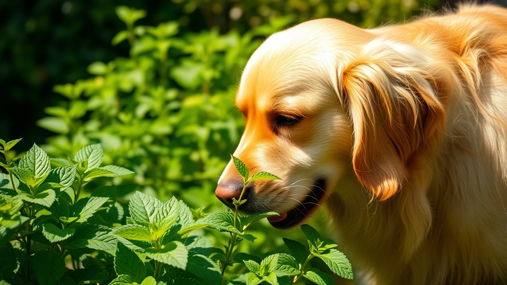 Golden retriever sniffing fresh mint leaves in a sunny garden, bright green foliage in background, natural daylight