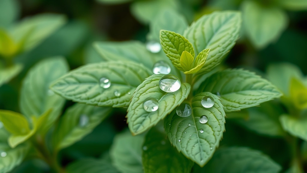 Close-up of fresh spearmint plant leaves with water droplets, vibrant green color, garden setting, shallow depth of field