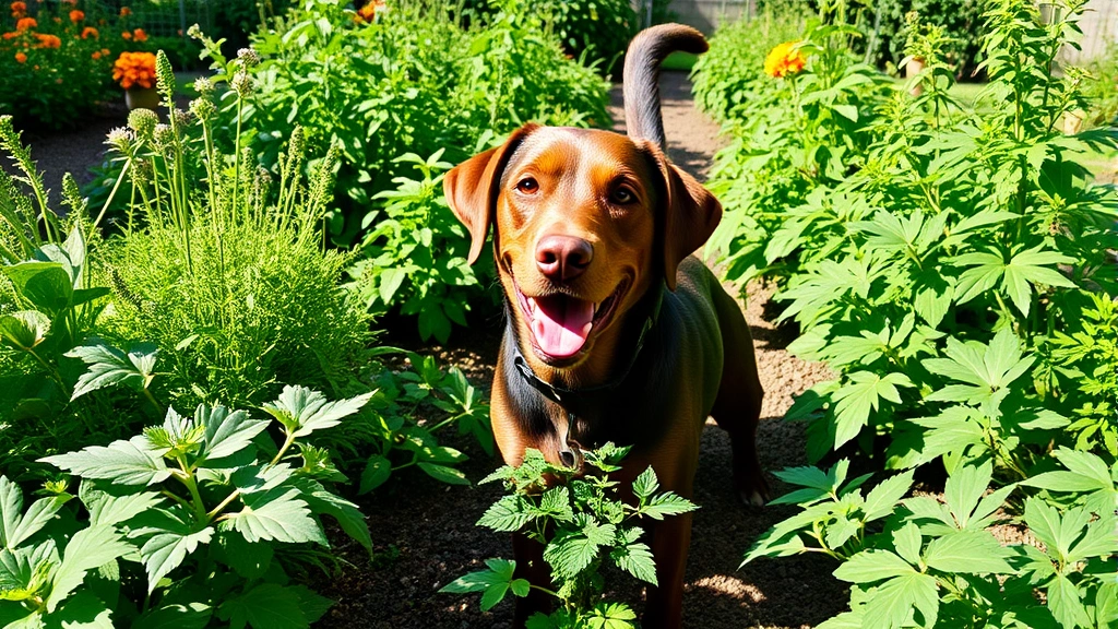 Happy Labrador retriever in a vegetable and herb garden surrounded by various plants, playful pose, sunny afternoon