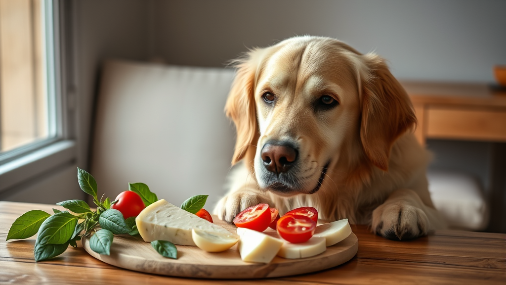 Golden retriever sitting beside fresh mozzarella cheese on wooden table, natural lighting, no text no words no letters