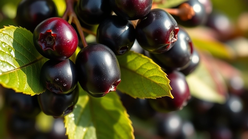 Close-up of ripe dark purple mulberries on a branch with green leaves, fresh morning dew glistening, natural sunlight, photorealistic