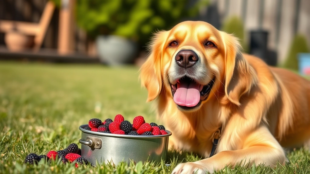 Golden retriever happily eating fresh mulberries from a dog bowl on grass, sunny backyard setting, photorealistic dog expression