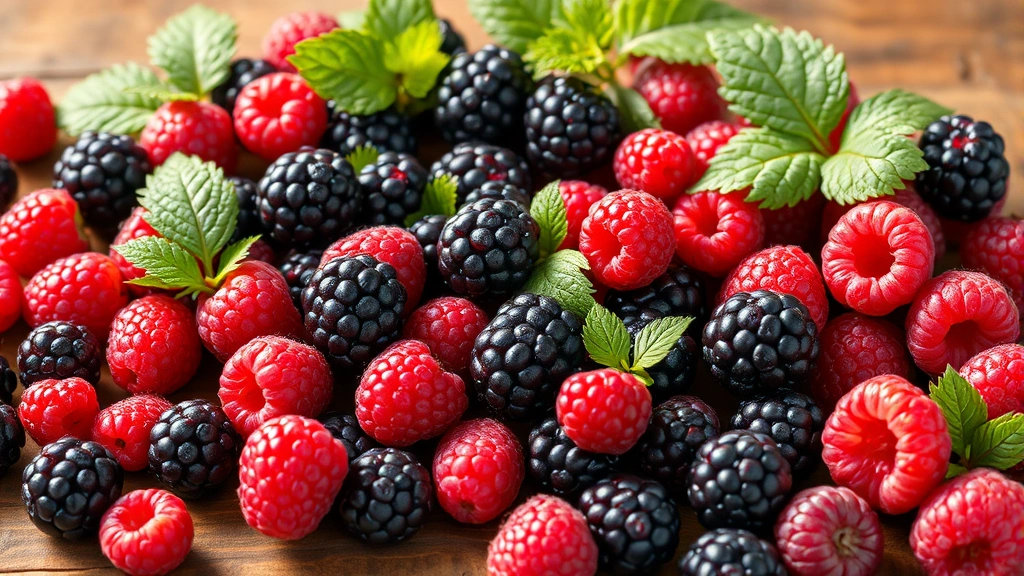 Variety of fresh berries including mulberries, blackberries, and raspberries arranged on a wooden surface with natural lighting, photorealistic