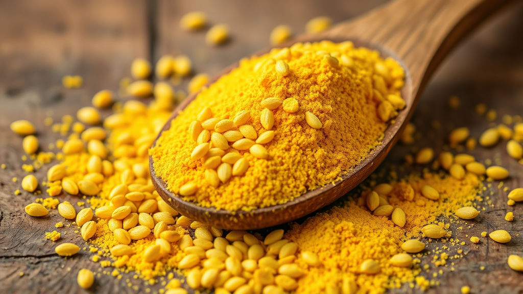 Close up of yellow mustard seeds and powder on wooden spoon, natural lighting, rustic background, no text no words no letters
