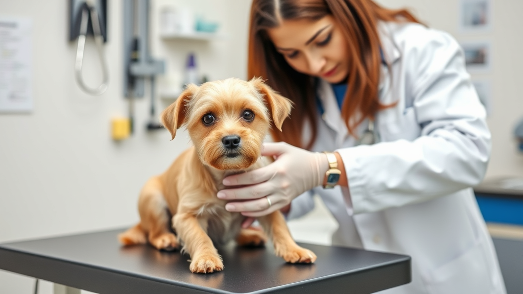 Veterinarian examining small dog on examination table, medical equipment visible, professional setting, no text no words no letters