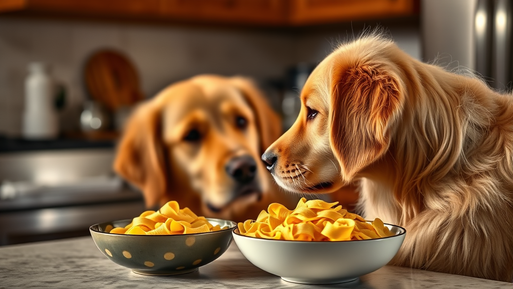 Golden retriever looking at bowl of plain cooked pasta noodles on kitchen counter, warm lighting, no text no words no letters