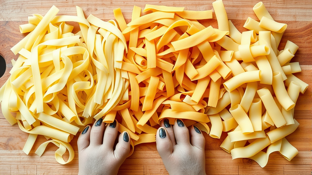 Various types of uncooked pasta noodles arranged on wooden cutting board with dog paws visible, no text no words no letters