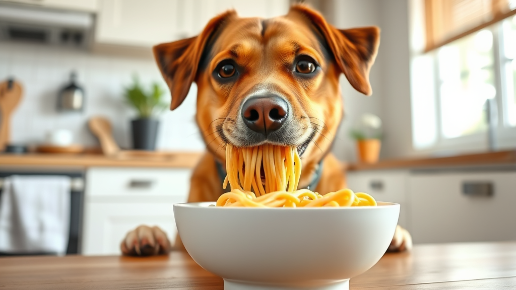 Happy dog eating plain cooked noodles from ceramic bowl in bright kitchen setting, no text no words no letters