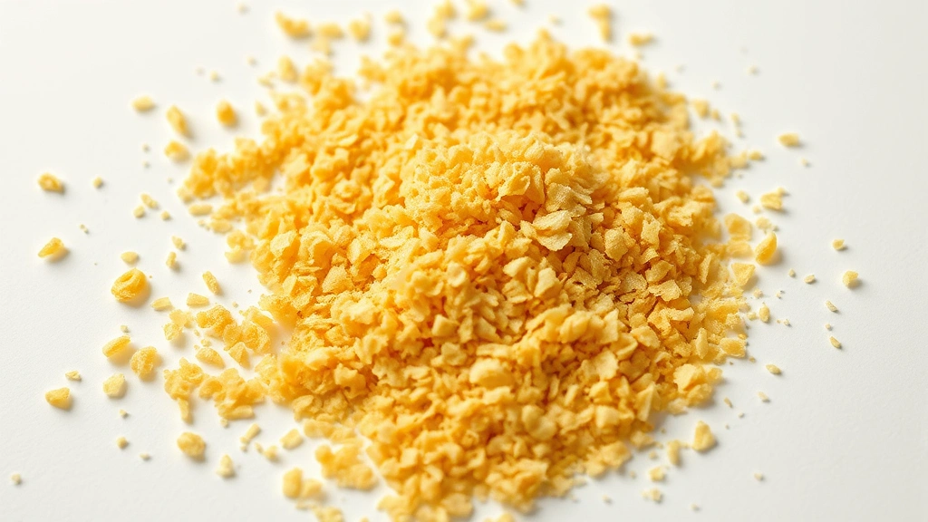 Golden nutritional yeast flakes scattered on a white surface, showing texture and granules, photorealistic close-up photography