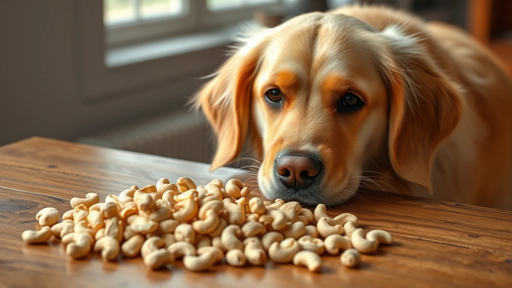 Golden retriever looking at a pile of mixed unsalted peanuts and cashews on a wooden table, curious but not eating, soft natural lighting