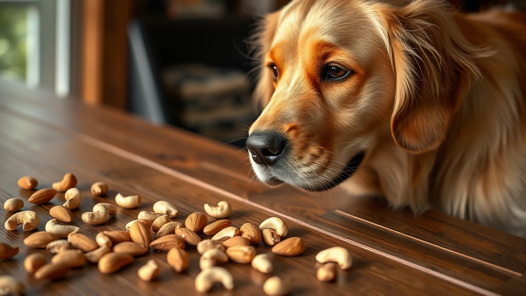 Golden Retriever looking at scattered almonds and cashews on a wooden table, curious expression, natural lighting, shallow depth of field