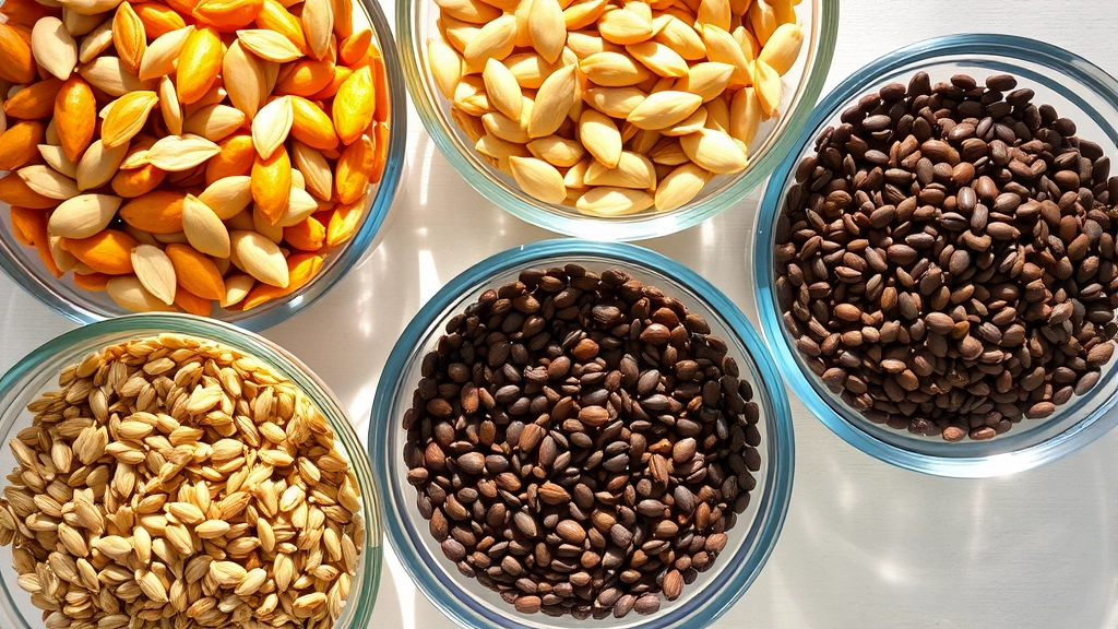 Variety of seeds in glass bowls: pumpkin seeds, sunflower seeds, sesame seeds, and flax seeds arranged neatly, bright natural light, top-down view
