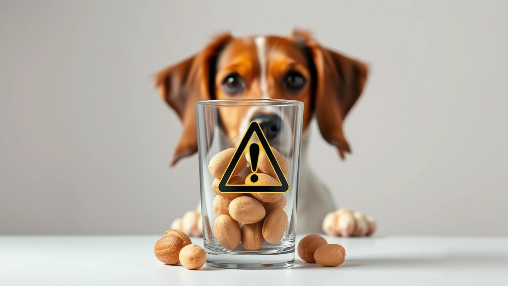 Macadamia nuts in a clear glass with a warning symbol, with a concerned spaniel peeking away, professional studio lighting to emphasize danger