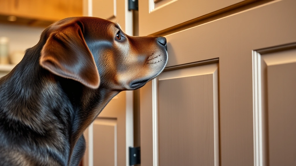 Labrador Retriever sniffing at a closed cabinet door with childproof locks, kitchen background, warm indoor lighting, side profile shot