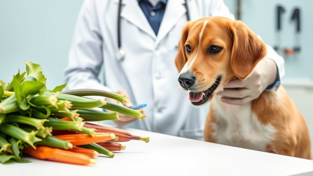 Veterinarian examining healthy dog while okra vegetables visible on examination table, professional clinic setting, no text no words no letters