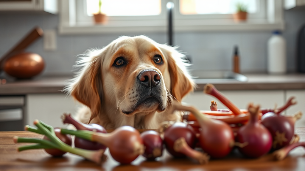 Golden retriever looking curiously at red onions on kitchen counter, natural lighting, no text no words no letters