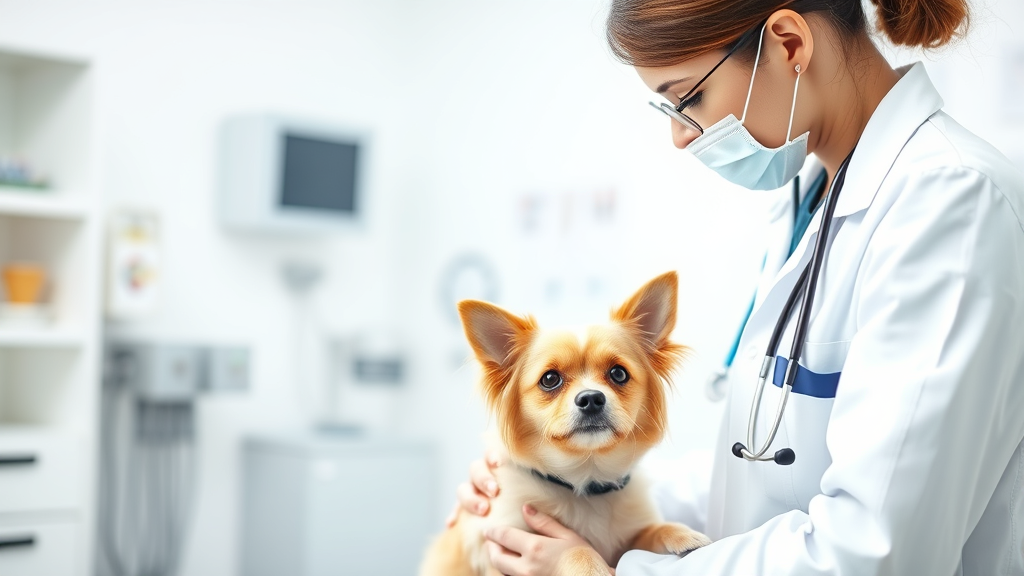 Veterinarian examining small dog with stethoscope in bright clinic room, professional medical setting, no text no words no letters