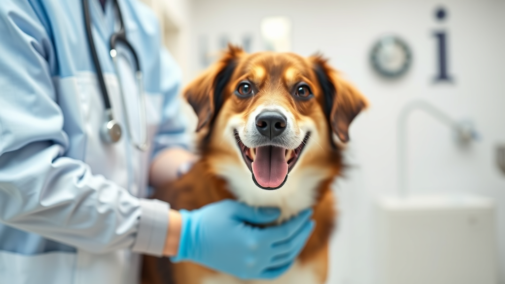 Veterinarian examining happy healthy dog in bright clinic setting no text no words no letters