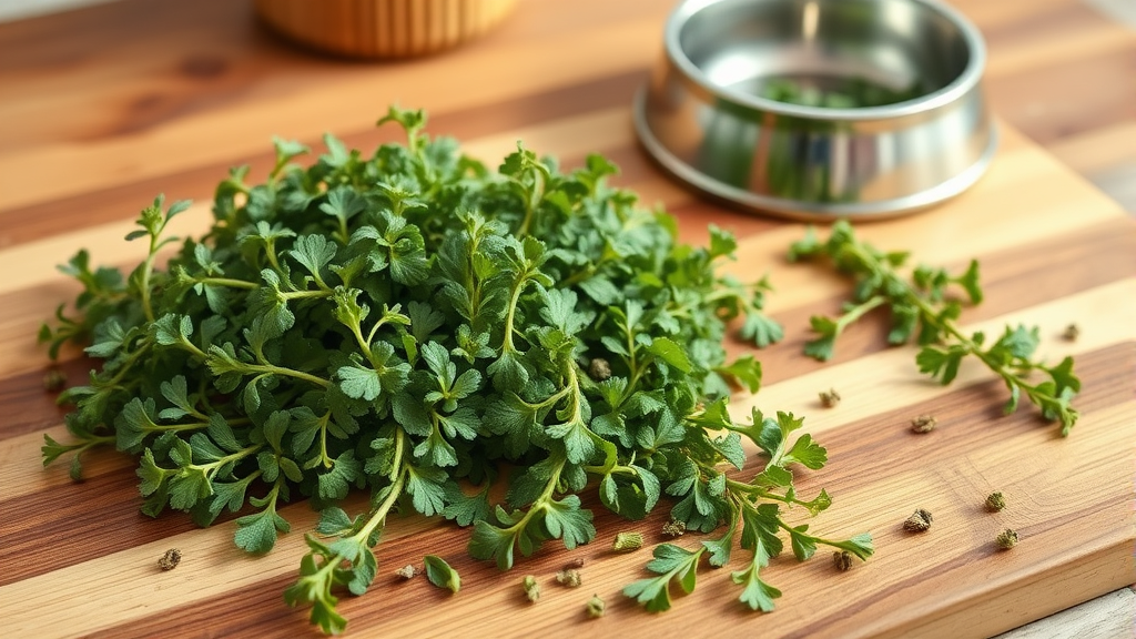 Fresh oregano herbs scattered on wooden cutting board with dog bowl nearby, natural lighting, no text no words no letters