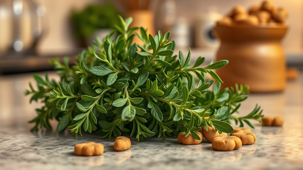 Close up of oregano leaves next to dog treats on kitchen counter, warm lighting, no text no words no letters