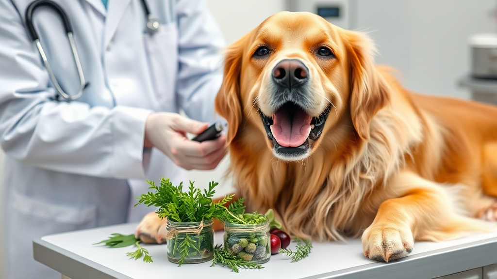 Veterinarian examining happy golden retriever with fresh herbs visible on exam table, professional setting, no text no words no letters