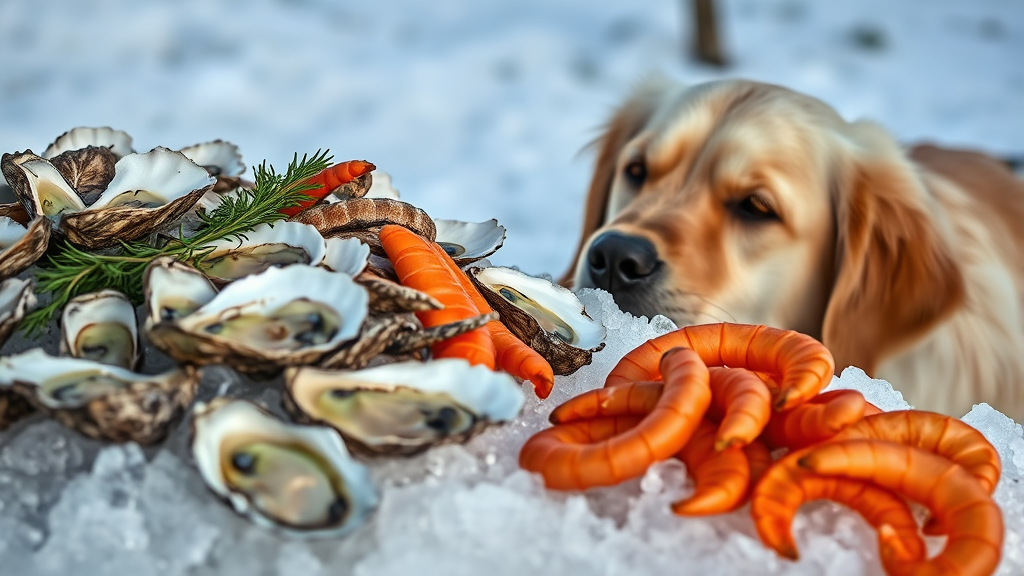 Fresh oysters on ice with a curious golden retriever looking at seafood spread, no text no words no letters