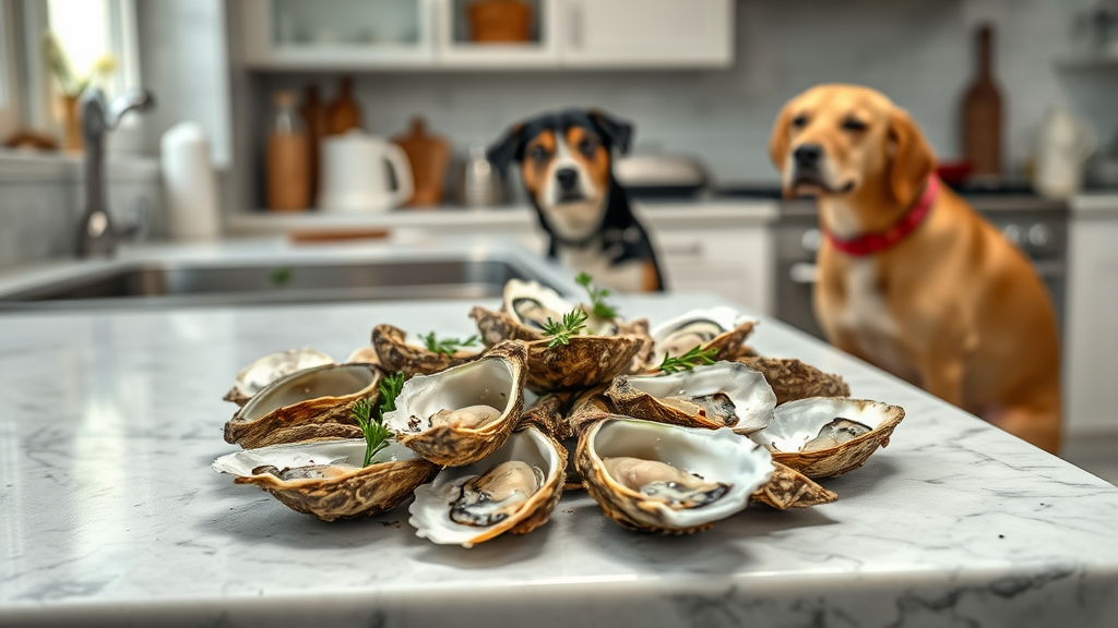 Cooked oysters being prepared in a clean kitchen with dog watching safely from distance, no text no words no letters