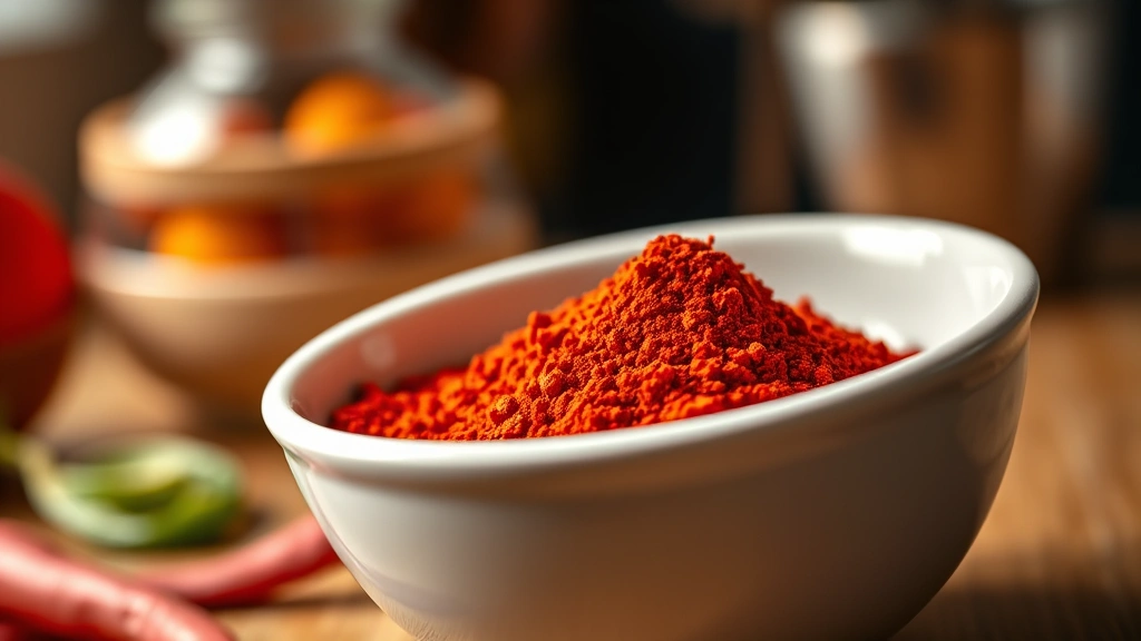 Close-up of vibrant red paprika powder in a white ceramic bowl, shallow depth of field, warm kitchen lighting, photorealistic