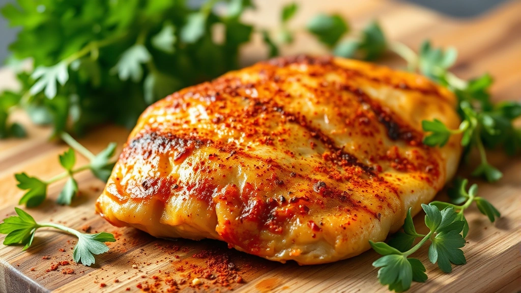 Golden-brown cooked chicken breast with red paprika seasoning on a wooden cutting board, fresh herbs nearby, natural daylight, photorealistic