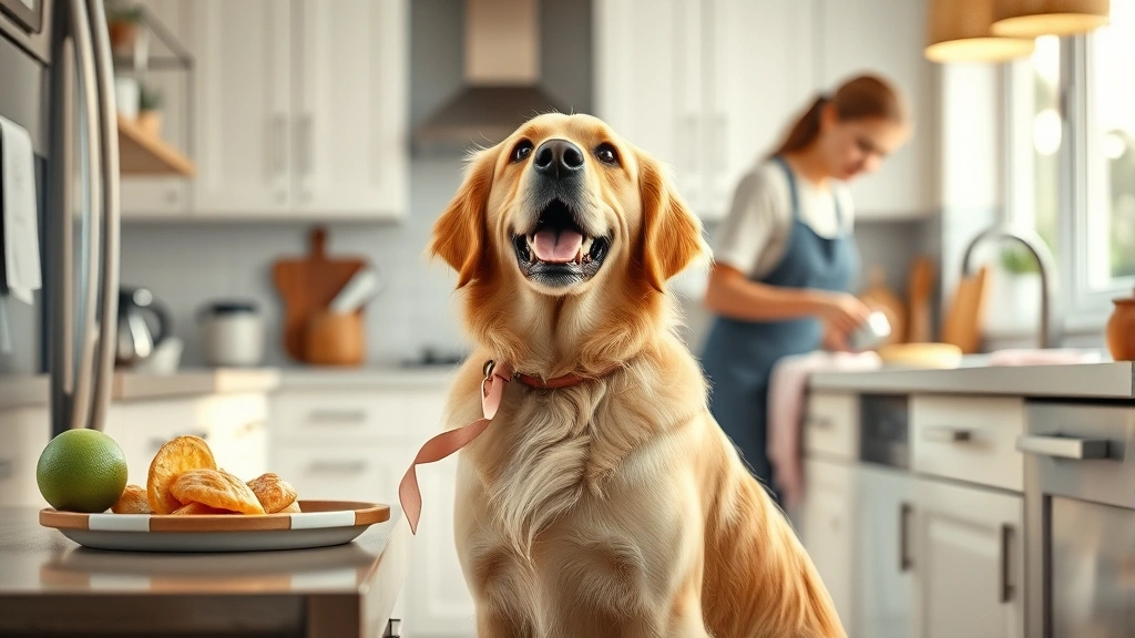 Happy golden retriever sitting in a bright kitchen looking up at owner preparing food at counter, warm and inviting atmosphere, photorealistic