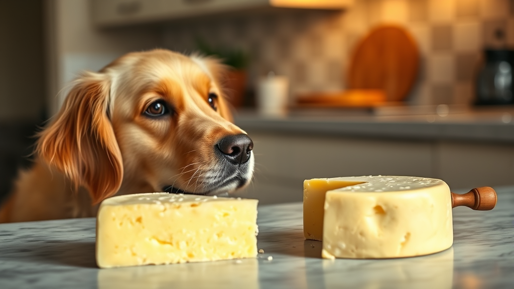Golden retriever looking curiously at fresh parmesan cheese wheel on kitchen counter, warm lighting, no text no words no letters