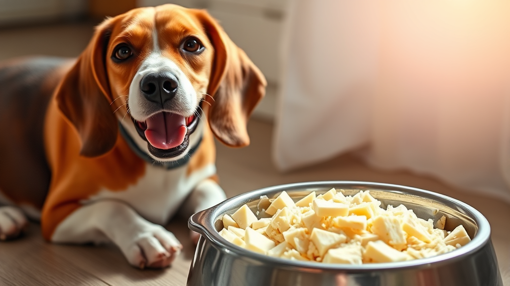 Small pieces of grated parmesan cheese in dog bowl next to happy beagle, bright natural lighting, no text no words no letters