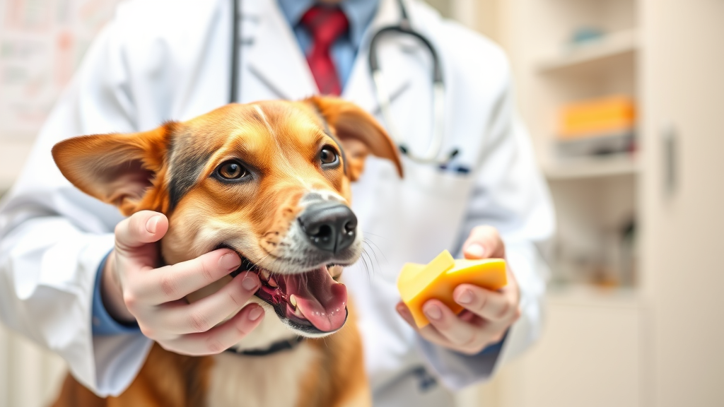 Veterinarian examining healthy dog while holding cheese samples, professional clinic setting, no text no words no letters