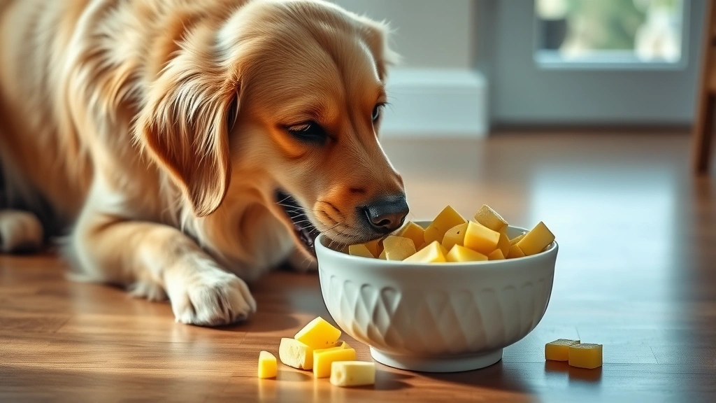 Golden retriever happily eating cooked parsnip pieces from a ceramic bowl on a wooden floor, soft natural lighting