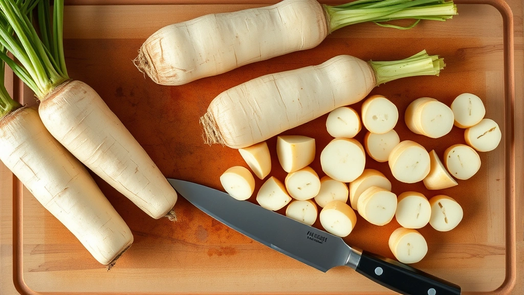 Overhead view of fresh parsnips on a cutting board with a knife, showing whole and sliced pieces, rustic kitchen setting