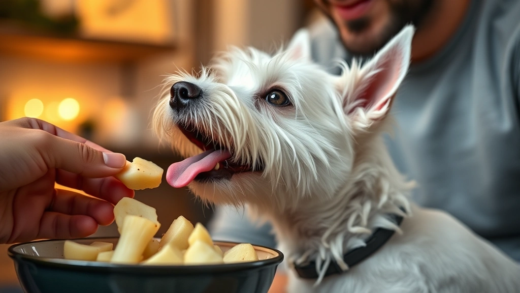 Small white terrier dog with tongue out looking up at owner holding cooked parsnip chunks, warm indoor lighting