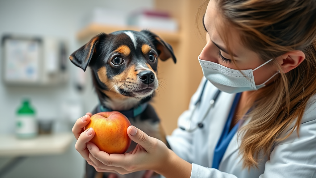 Veterinarian examining small dog while holding peach, medical office setting, health consultation scene, no text no words no letters