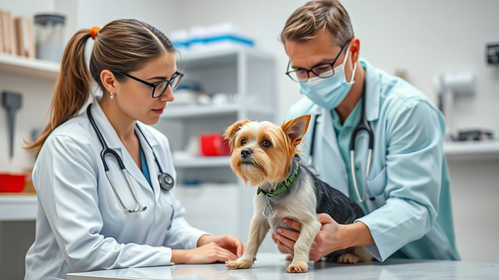 Veterinary clinic scene with concerned dog owner and veterinarian examining small terrier, professional medical setting