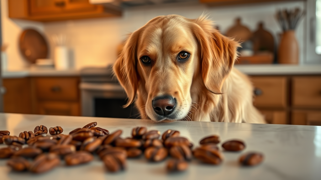 Golden retriever looking curiously at scattered pecans on kitchen counter, warm lighting, cozy home setting, no text, no words, no letters
