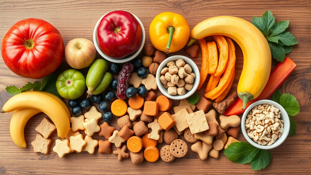 Variety of dog-safe fruits and treats arranged on wooden surface, colorful healthy alternatives, natural lighting, no text, no words, no letters