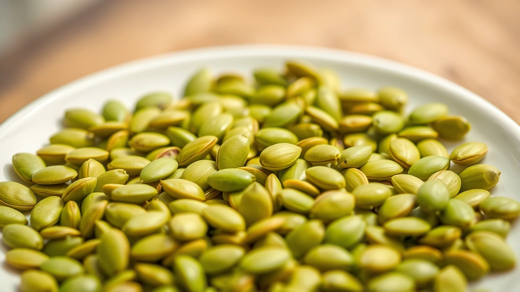 Close-up of bright green pepitas pumpkin seeds scattered on a white ceramic plate, natural lighting, shallow depth of field