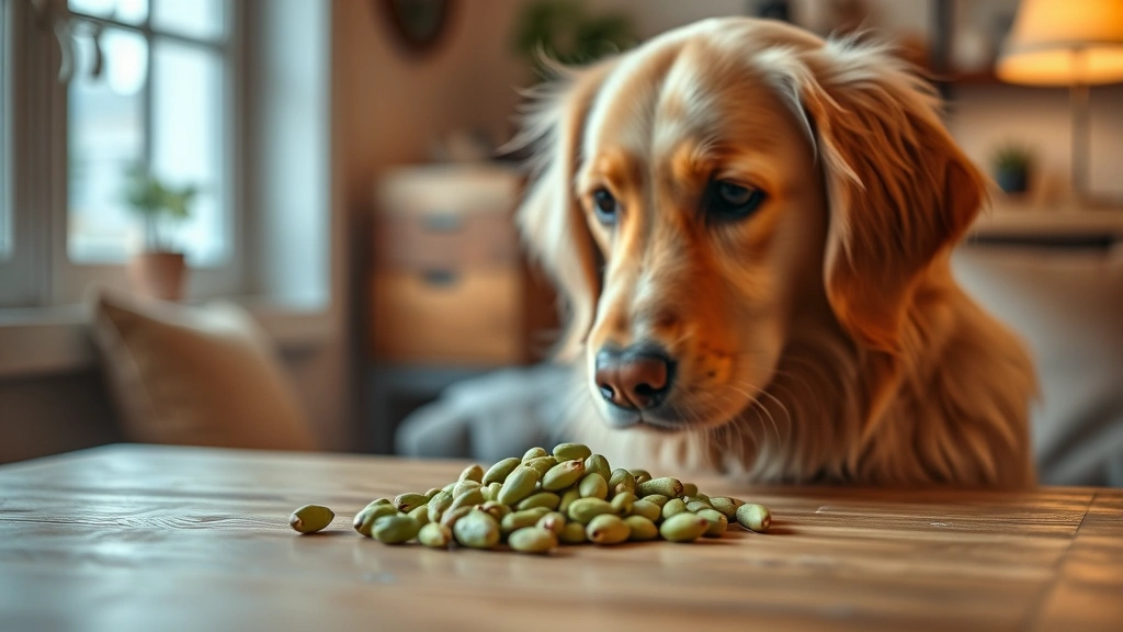 Golden Retriever sitting attentively looking at a small pile of green pepitas on a wooden table, warm indoor lighting, dog in focus