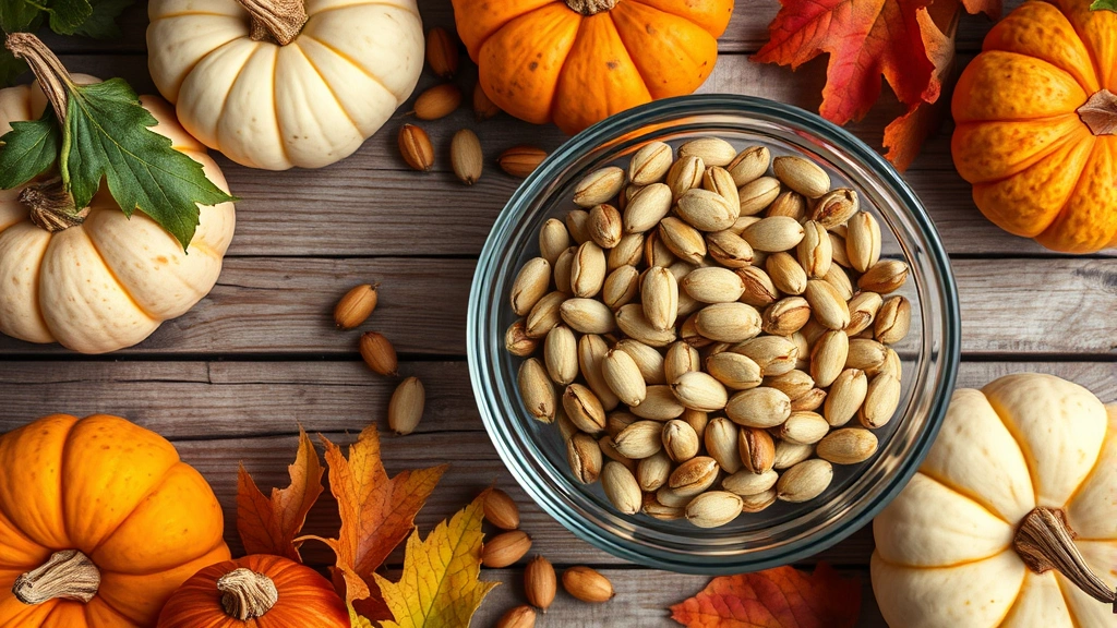 Overhead flat lay of unsalted pepitas in a glass bowl next to fresh pumpkins and autumn vegetables on a rustic wooden surface