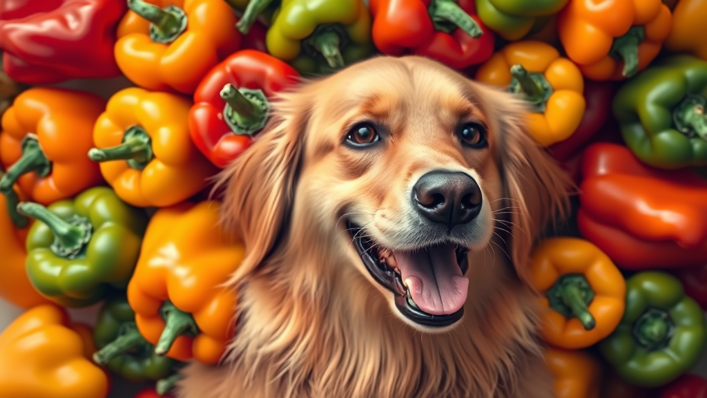 Colorful bell peppers red yellow green orange arranged with happy golden retriever dog no text no words no letters
