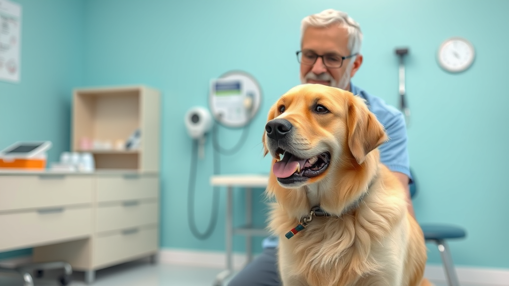 Concerned dog owner with golden retriever at veterinary clinic consultation room no text no words no letters