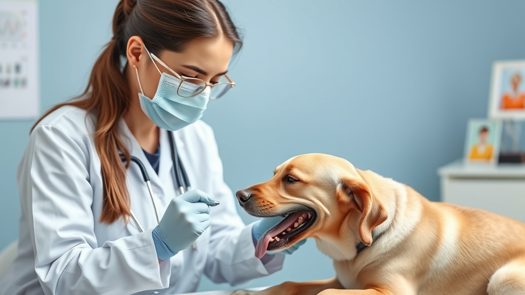 Veterinarian examining happy healthy dog digestive health checkup no text no words no letters