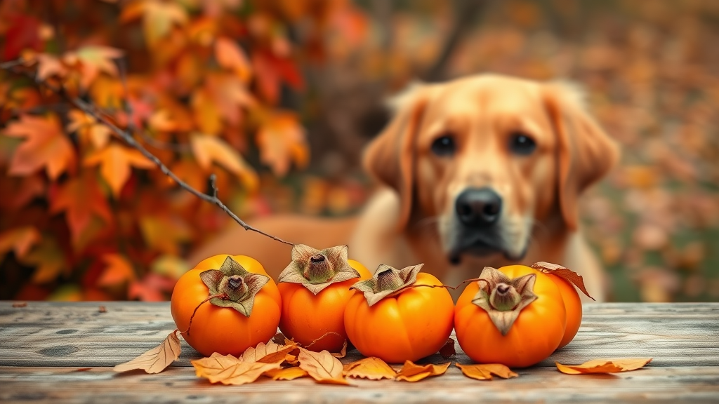 Orange persimmon fruits on wooden surface with golden retriever in background autumn setting no text no words no letters